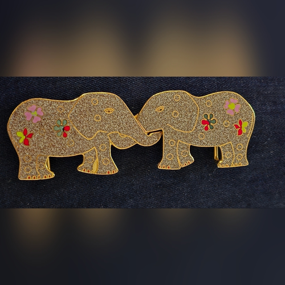 Maureen Elaine interlocking elephant belt buckle.Gray Red Pink Yellow Gold Tone